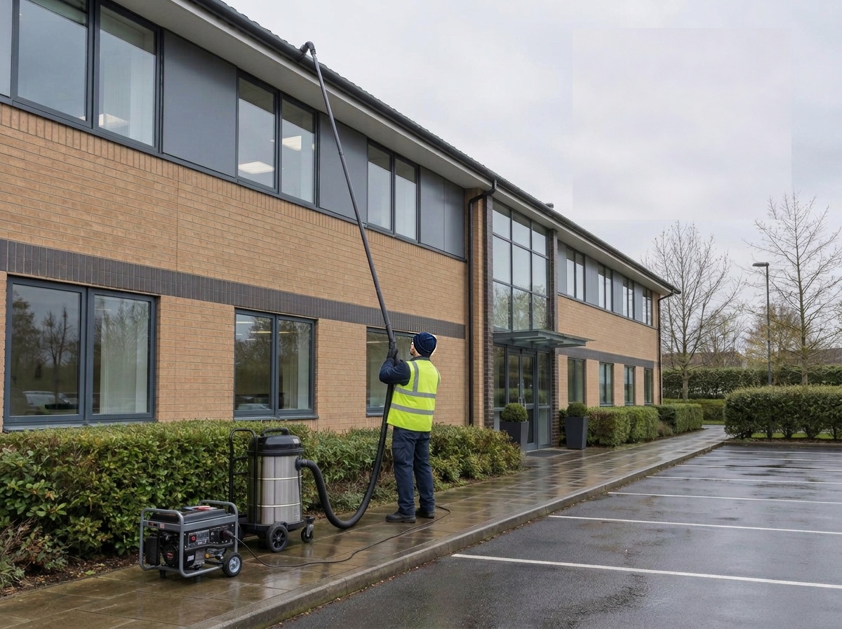 Operative clearing the long gutter line of a business park office building from the ground